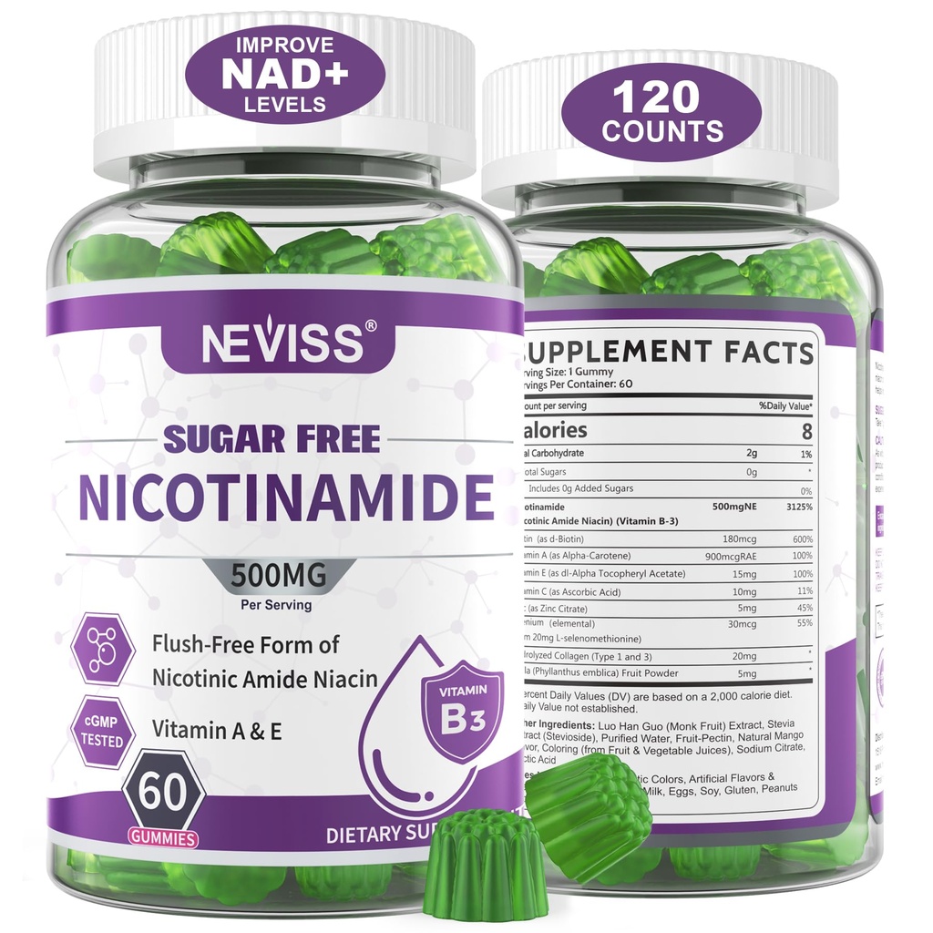 Sans sucre Nicotinamide 500mg Gommies, (Niacine Sans Fuite) Supplément de vitamine B3 Niacinamide pour l'énergie cellulaire Métabolisme et réparation, Vitalité, Vieillissement en santé, Arôme de canneberge, Facile à mâcher, 120 Cts