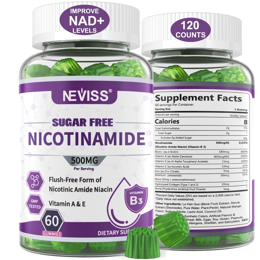 Sugar Free Nicotinamide 500mg Gummies, (Flush Free Niacin) Vitamin B3 Niacinamide Supplement for Cellular Energy Metabolism & Repair, Vitality, Healthy Aging, Cranberry Flavor, Easy to Chew, 120 Cts