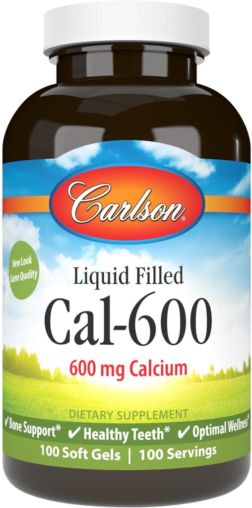 Carlson - Cal-600, 600 mg Calcium, soutien osseux, dents saines et bien-être optimal, 100 softgels