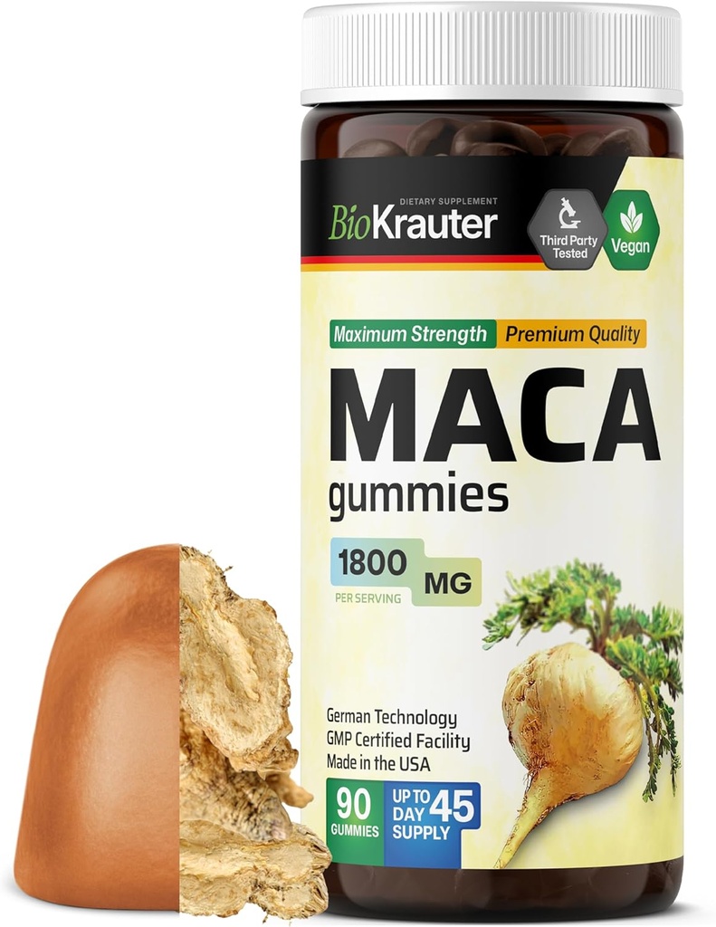 Maca Root Gummies - 1800 mg Strength - 90 Vegan Chews - Natural Support for Women & Men - Peruvian Maca Root Supplement - Banana Flavour Chews