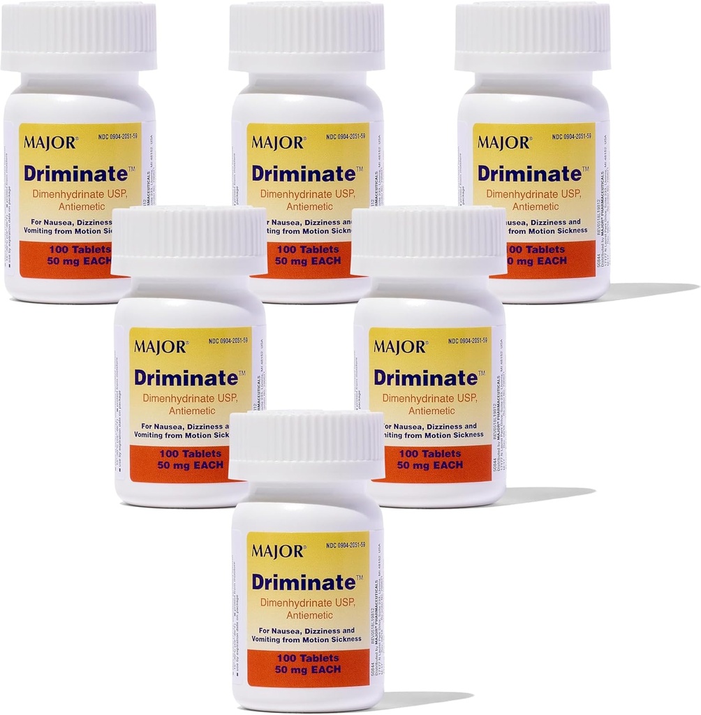 MAJOR Driminate - Dimenhydrinate 50mg Motion Sickness Tablets - Anti-Nausea Medicine - 100 Tablets (6 Pack)