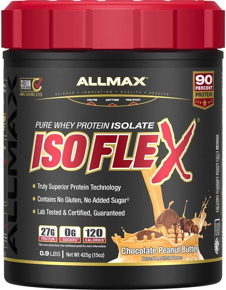 ALLMAX Nutrition ISOFLEX Isolate de protéines de lactosérum, beurre d'arachide au chocolat - 0,9 lb - 27 grammes de protéines par scoop - Zéro gras et sucre - 99% Sans lactose - Sans gluten et sans soja - Env. 15 Services