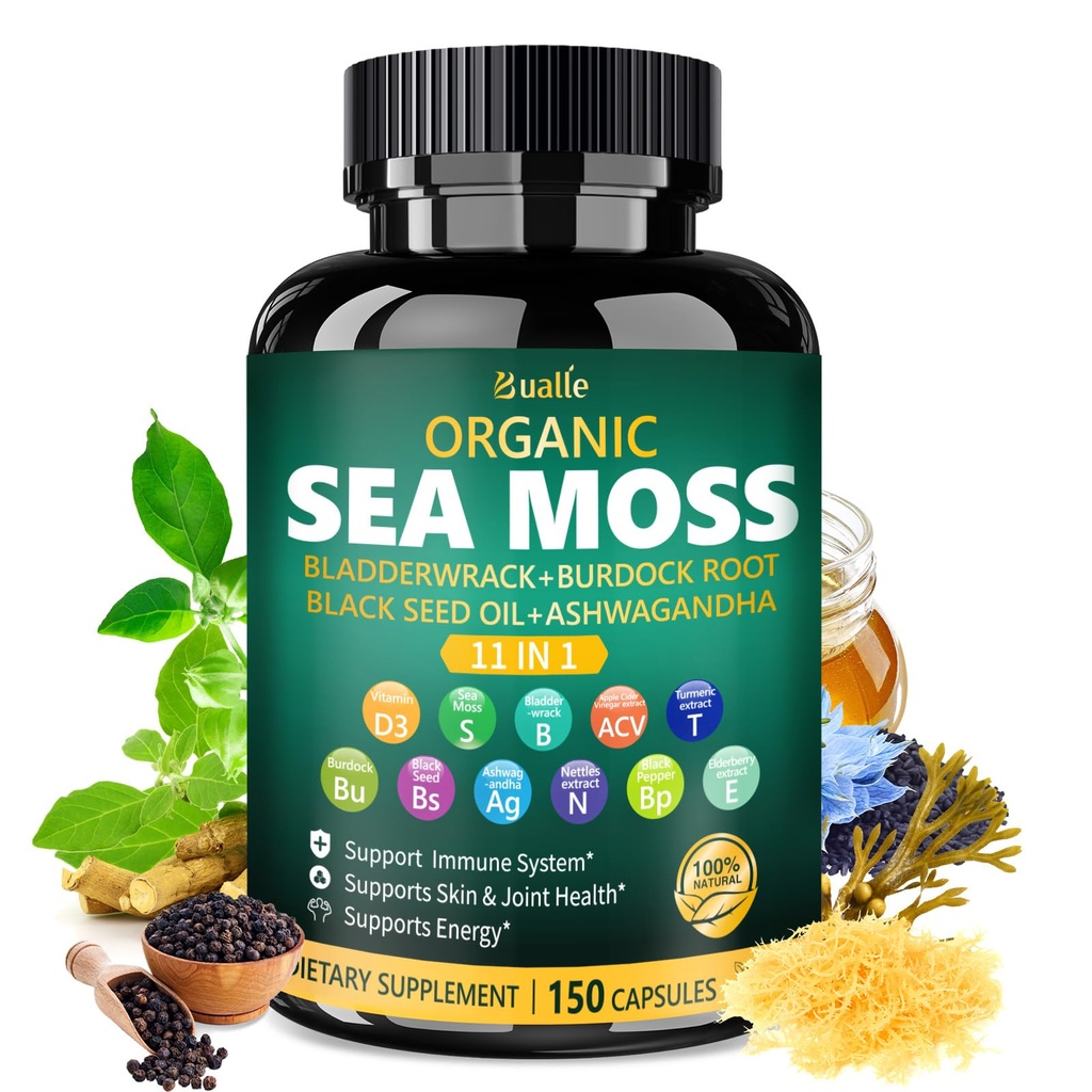 Bualle Irish Sea Moss Capsules – Moss de mer biologique, huile de graines noires, suppléments Ashwagandha avec Bladderwrack, Ginger & Burdock Root – soutient le bien-être quotidien, la peau et l'énergie – 150 capsules (1 pack)