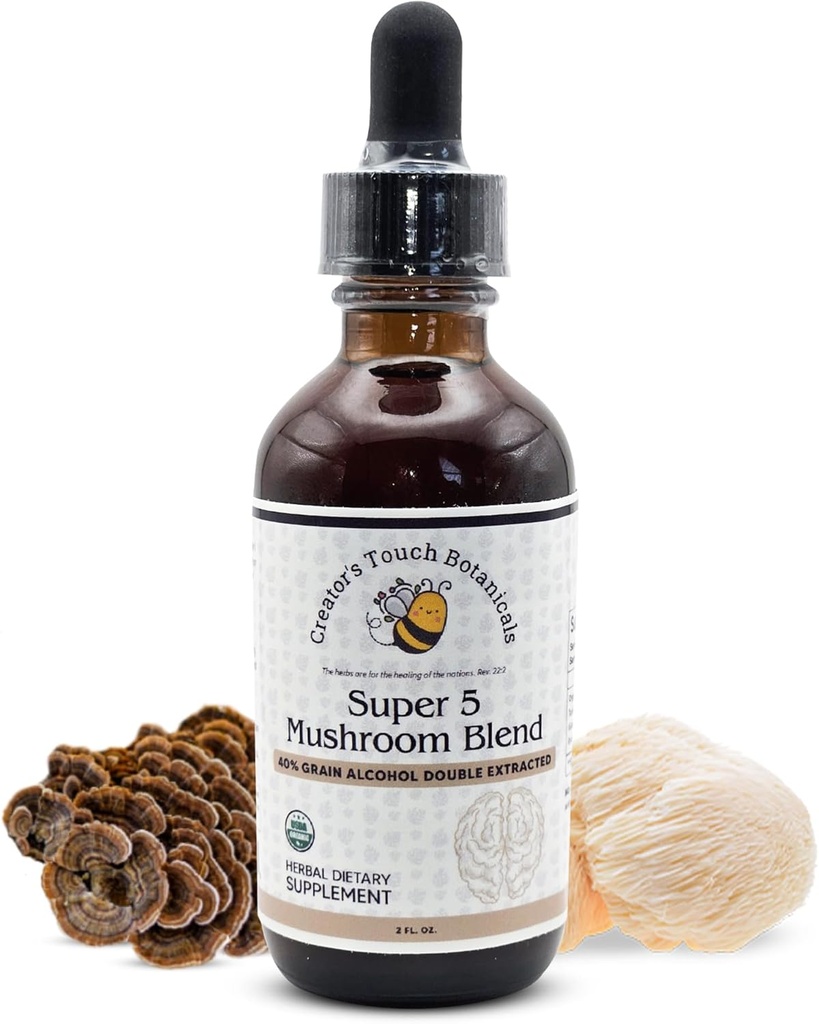 Creator's Touch Botanicals, Super 5, Champignon, Blend 2 fl oz avec Reishi, Turkey Tail, Lions Mane, Chaga et Maitake Champignons pour le soutien immunitaire. Double extrait, Macéré.
