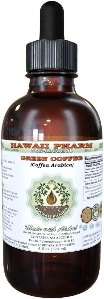 Café vert Extrait liquide sans alcool, café vert (Coffea Arabica) Haricot séché Glycérite Hawaii Pharm supplément naturel à base de plantes 4 oz