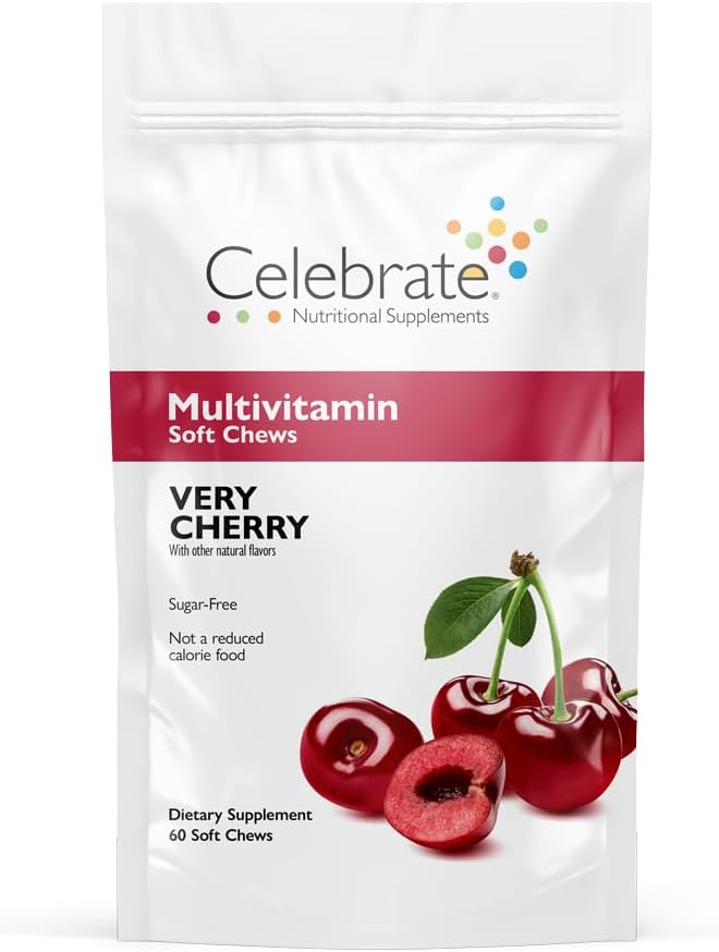 Célébrez les vitamines Bariatric Multivitamin Soft Chews - Vitamines et minéraux essentiels, sans sucre et sans gluten - Supplément gastrique de bypass et gastrectomie à manches - Cerise (60ct)