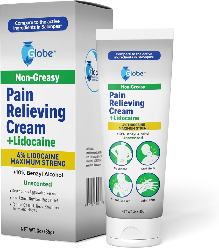 Crème de soulagement de la douleur du Globe Plus 4% Lidocaïne, Relief de la force maximale, Thérapie topique à action rapide pour les douleurs musculaires, Douleurs articulaires, Douleurs au dos, Douleurs au cou, Douleurs, Entorses et spasmes, Sans parfum, 3oz