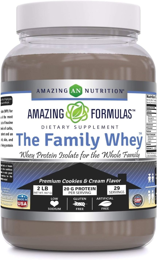 Formules étonnantes La poudre de protéines de la famille Whey (isolat) pour toute la famille - 2 lbs - Forme la plus complète et la plus pure de protéines - Sans gluten (Cookie & Cream)