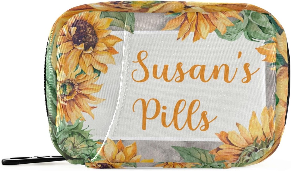 Custom Pill Box 7 Day Pill Case Bag Sunflower Nom personnalisé Travel Pill Organizer Bag with Zipper Portable Weekly Case Compact Size for Vitamin Supplement Holder