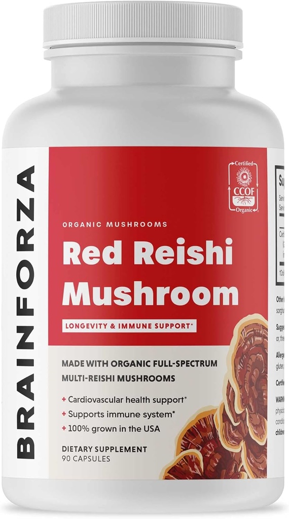 Cerveau Forza Capsules de champignons rouges bio Reishi, Champignon adaptogène Soutien immunitaire, Santé cardiaque et cardiovasculaire, Mieux-être général et vitalité, Non-OGM, Vegan, Organique, 90 Capsules