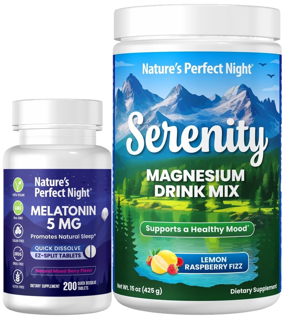 La nuit parfaite de la nature Melatonine 5mg Dissoudre rapidement Berry mixte 200 Compte avec Serenity Magnésium Poudre 15 oz Lemon Framboise