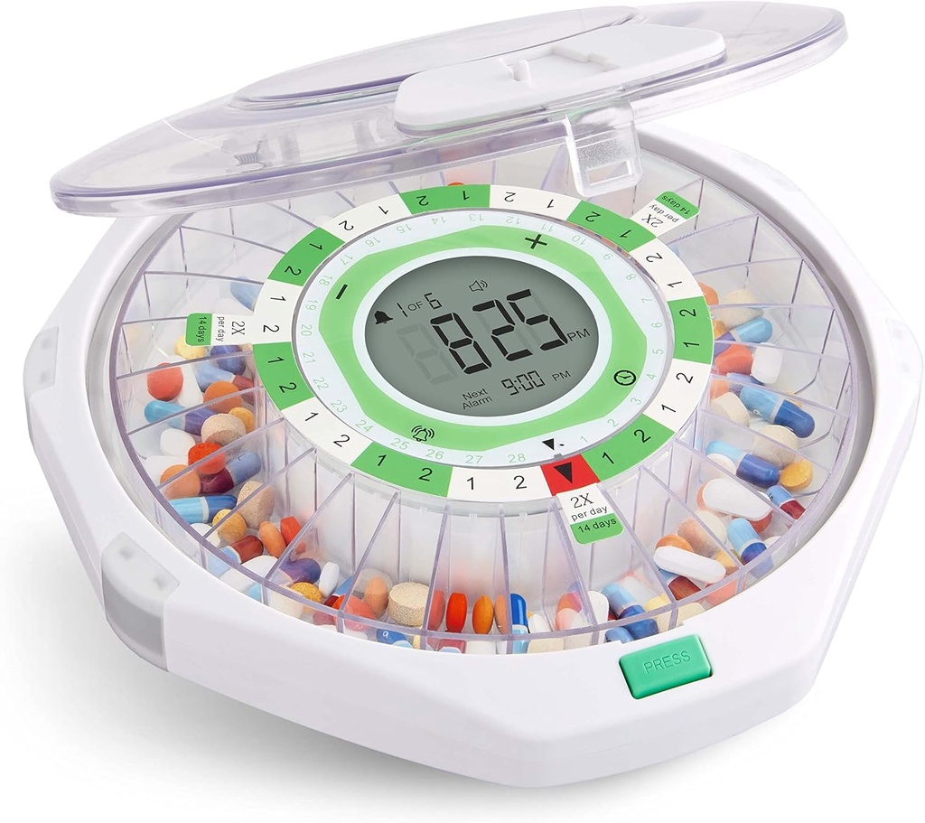 Live Fine 28-Day Automatic Pill Dispenser Frosted Lid avec écran LCD amélioré et serrure à clé, son & lumière pour les prescriptions, médicaments, vitamines, suppléments et plus
