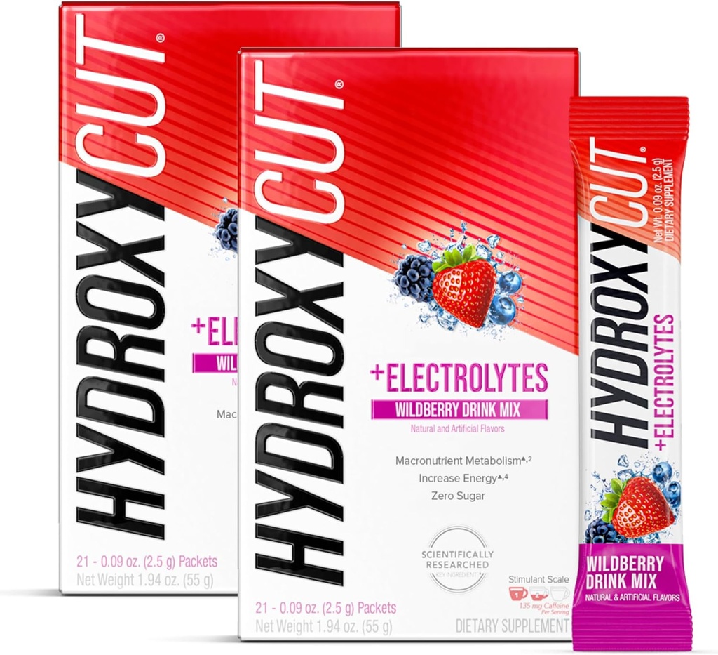 Hydroxycut Drink Mix, Wildberry Blast - 21 Travel-Size Packets, Pack of 2 - Zero Calories, Zero Sugar - Boost Metabolism, Burn Calories, Increase Energy - for Women & Men