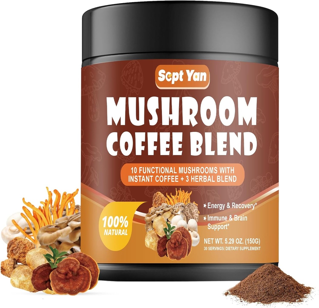 Mushroom Coffee with 10 Mushrooms, Colombian Instant Coffee Powder with Lion's Mane, Reishi, Chaga, Cordyceps, Shiitake, Maitake,Turkey Tail - Mushroom Supplement for Energy, Focus, Immune Support