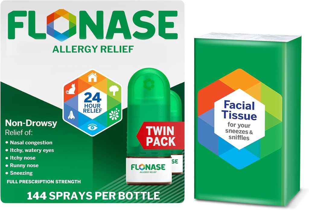 Spray anti-allergie à la flonase, soulagement multisymptômes non somnolents 24 heures sur 24 – 144 sprays (paquet de 2) plus pack bonus de tissus
