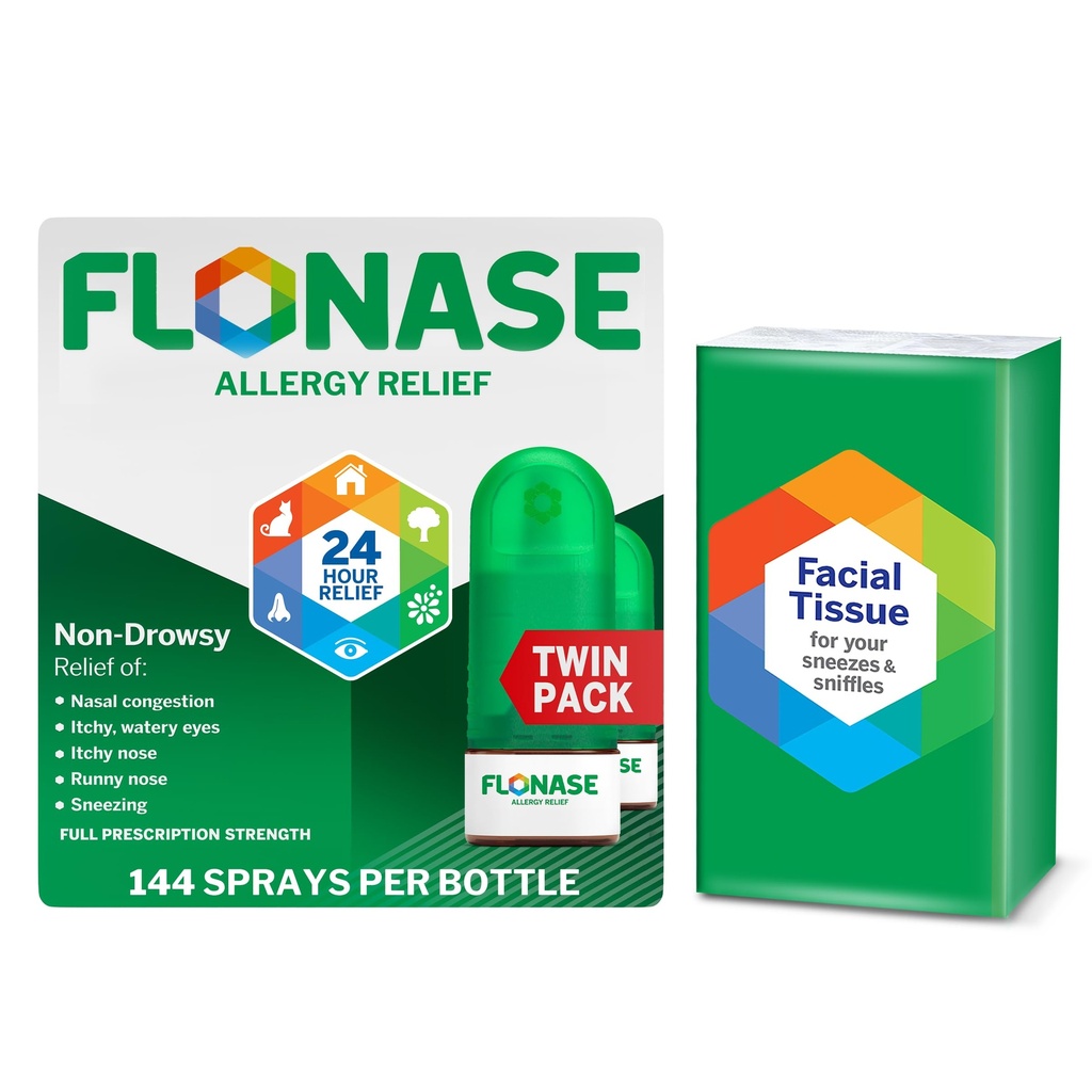 Spray anti-allergie à la flonase, soulagement multisymptômes non somnolents 24 heures sur 24 – 144 sprays (paquet de 2) plus pack bonus de tissus