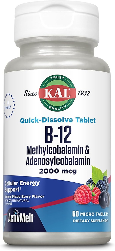 KAL Vitamine B12 Méthylcobalamine et Adenosylcobalamine 2000 mcg ActivMelt, B12 Suppléments énergétiques, Métabolisme, Nerve, Support des globules rouges, Haute Absorption, Berry naturel, 60 Servir, 60 Micro comprimés
