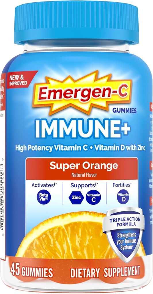 Emergen-C Immune+ Triple Action Immune Support Gummies, BetaVia (R), 1000mg Vitamine C, B Vitamines, Vitamine D et Antioxydants, Super Orange - 45 Compte