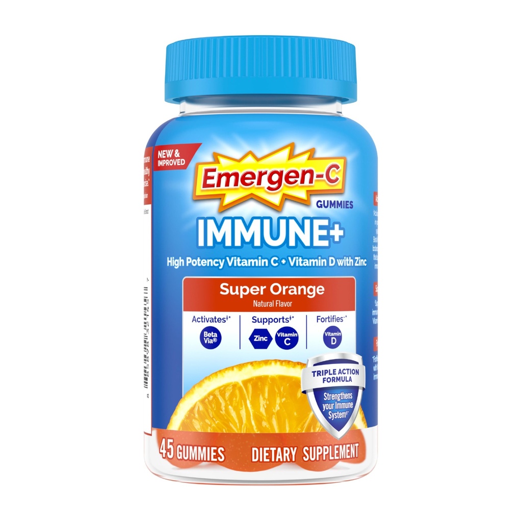 Emergen-C Immune+ Triple Action Immune Support Gummies, BetaVia (R), 1000mg Vitamine C, B Vitamines, Vitamine D et Antioxydants, Super Orange - 45 Compte