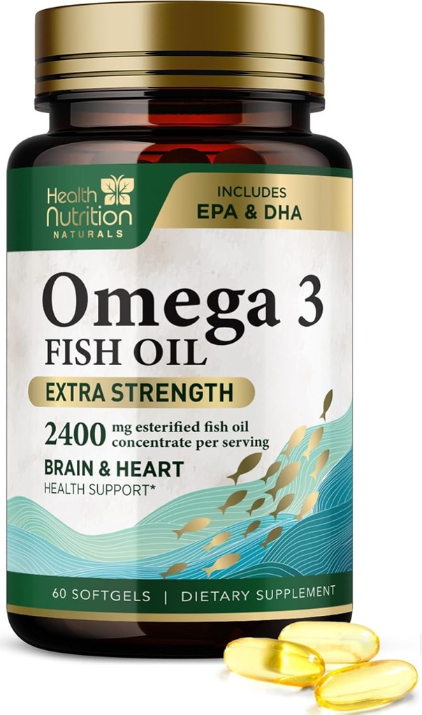 Omega 3 Huile de poisson 2400 mg - Suppléments Omega-3 Triple Strength - Santé du cerveau naturel et soutien immunitaire - Acides gras avec EPA et DHA - Supplément d'huile de poisson purifiée capturée sauvage - 60 Softgels