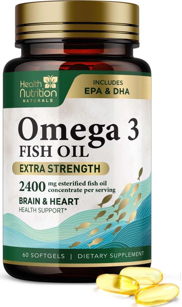 Omega 3 Huile de poisson 2400 mg - Suppléments Omega-3 Triple Strength - Santé du cerveau naturel et soutien immunitaire - Acides gras avec EPA et DHA - Supplément d'huile de poisson purifiée capturée sauvage - 60 Softgels