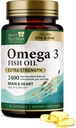 Omega 3 Huile de poisson 2400 mg - Suppléments Omega-3 Triple Strength - Santé du cerveau naturel et soutien immunitaire - Acides gras avec EPA et DHA - Supplément d'huile de poisson purifiée capturée sauvage - 60 Softgels