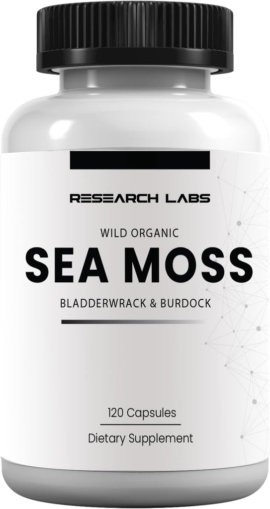 Research Labs 1 Fer 1 Ad Organic Irish Sea Moss Capsules, Raw Wildcrafted Seamoss Enhanced w/Bladderwrack & Burdock Root 120 Total Pills Antioxidant Powerhouse. Thyroid Support.
