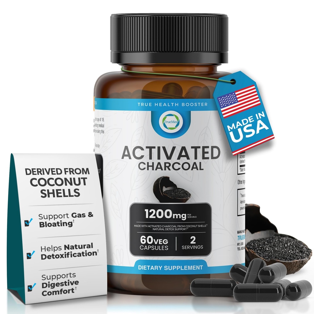 Capsules de charbon activés 1200 MG, 60 capsules de légumes, 30 jours Premium Detox & Support digestif, Gas & Bloating Relief, Bio Coconut Shell Charcoal, Gut Health, USA Made.