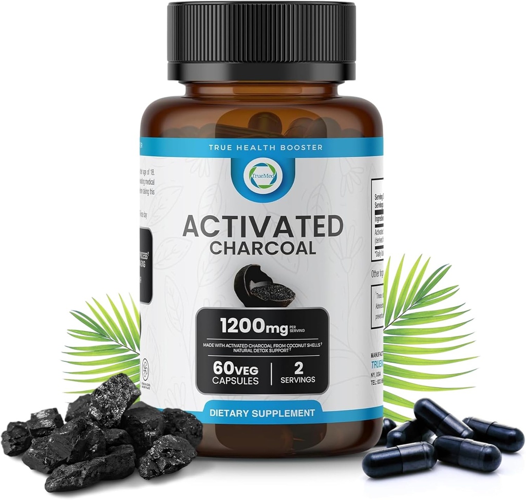 Capsules de charbon activés 1200 MG, 60 capsules de légumes, 30 jours Premium Detox & Support digestif, Gas & Bloating Relief, Bio Coconut Shell Charcoal, Gut Health, USA Made.