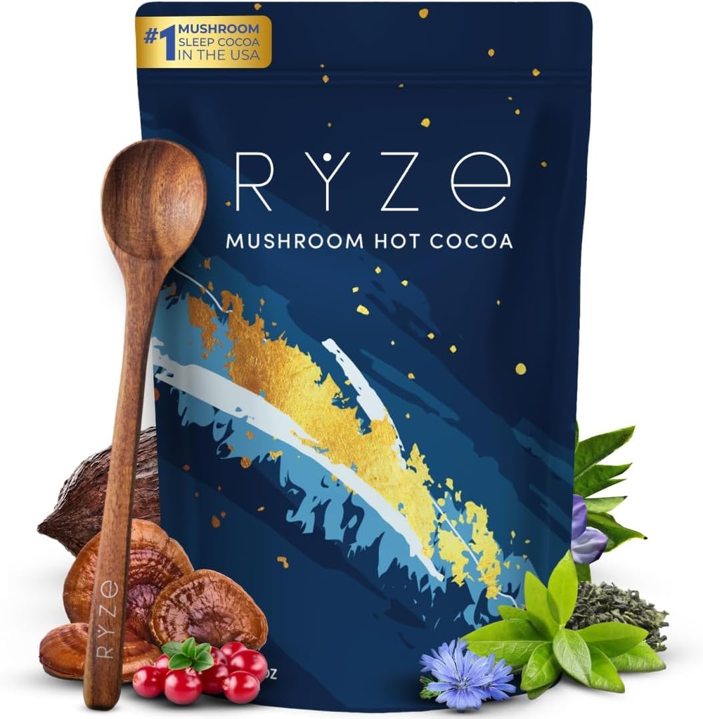 RYZE SUPERFOODS Cocoa chaud Mélatonine Supplément de sommeil, Kéto Cocoa en poudre avec Reishi Mushroom, Melatonine, Glycine, Cacao, L-Theanine, Chicory pour aider les asleeps d'automne et rester asleep, 20 portions