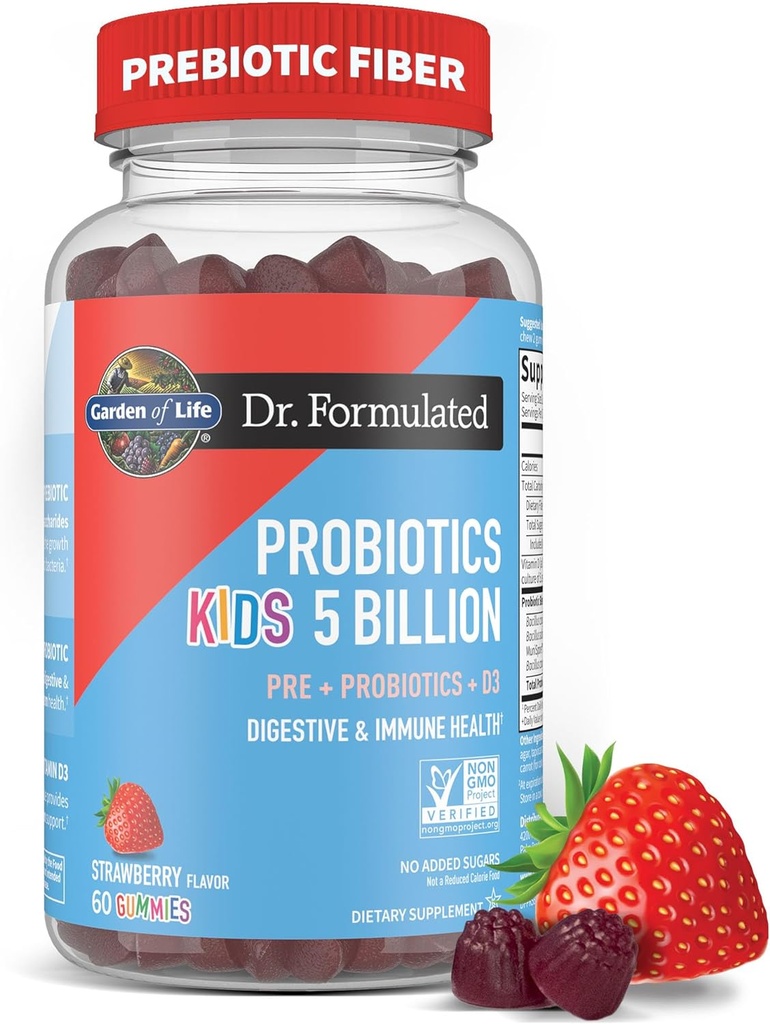 Jardin de la vie Dr Formulé 5 Million UFC Fibre prébiotique, probiotique et vitamine D3 Gummies pour les enfants Digestion et santé immunitaire – sans gluten, sans OGM, sans sucre ajouté, saveur de fraise, 60 Gummies
