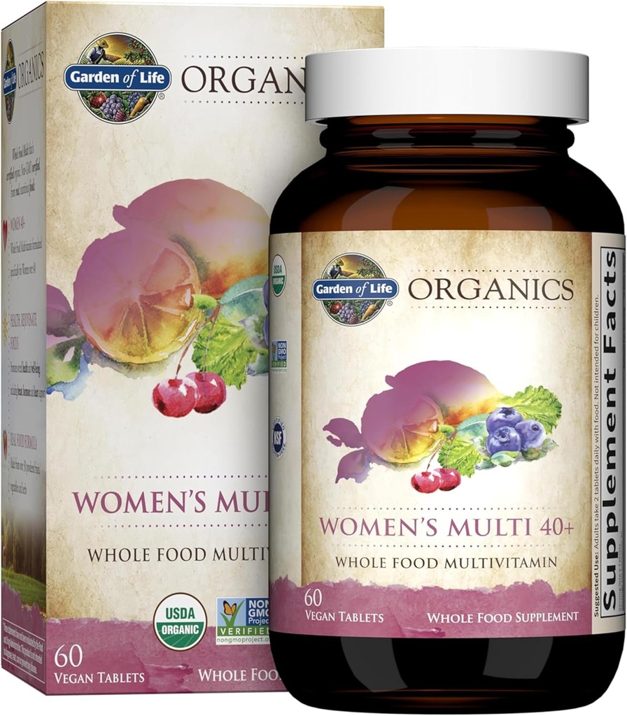 Jardin de la vie Organiques Vitamines pour les femmes 40+ - 60 Comprimés, Femmes Multi 40+, Vitamines végétaliennes pour les femmes de plus de 40 ans, Hormone & Breast Health Support Blend, Alimentation entière Femmes Multivitamine