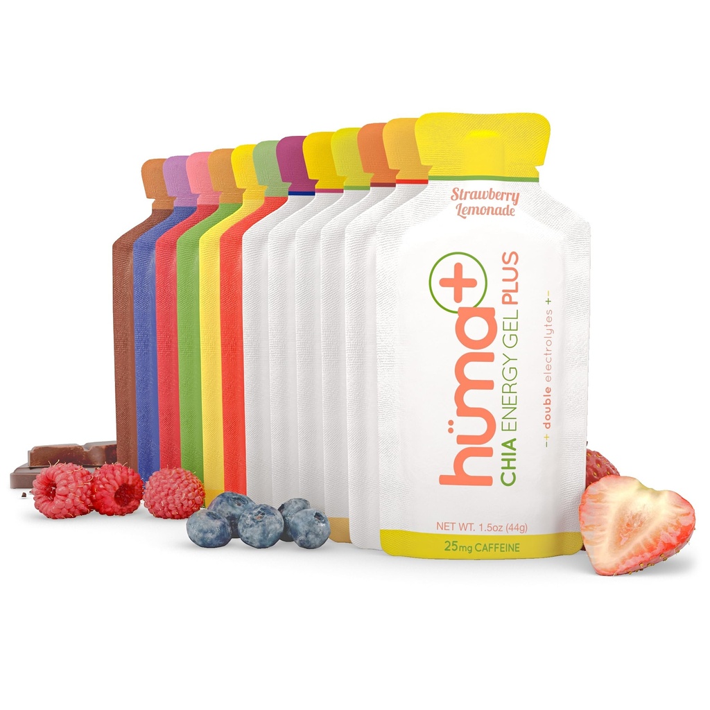Huma Plus (Double Electrolytes) - Chia Energy Gel, lot de variétés - Stomach Friendly, gels d'énergie alimentaire réelle (12 gels originaux et 12 gels plus)