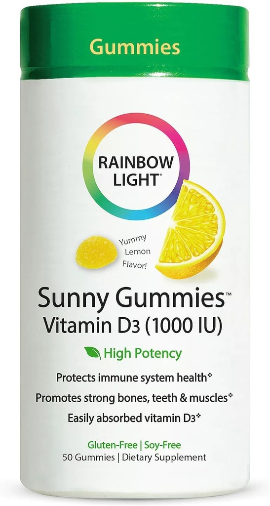 Lumière arc-en-ciel - Gummies ensoleillées Vitamine D3 1000 UI, soutien pour des os sains, des muscles et l'immunité dans une famille amie à croquer avec vitamine D3, sans soja, sans gluten, citron aigre, 50 gouttes de gummy