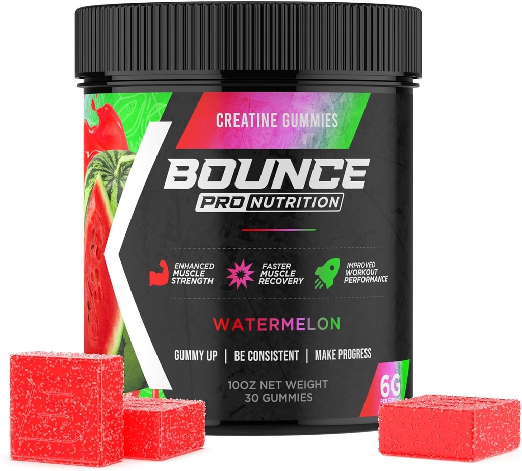 Bounce Pro Gommies monohydratées de la créatine pour les hommes et les femmes, Basse calories, 6G de créatine par portion, Vegan, Anti-Melting, Sans gluten, Non-OGM, 2g de créatine par Gummy (30ct, pastèque)