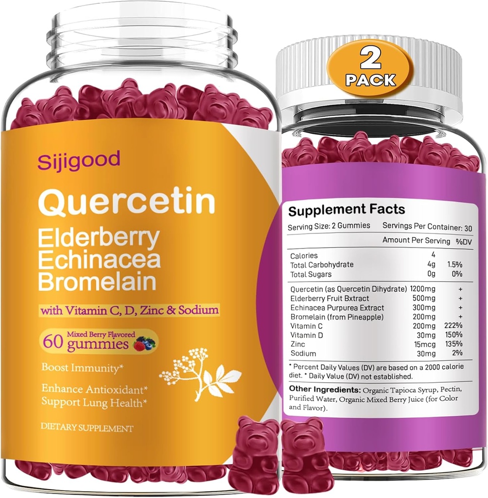 2 Packs Quercetin with Bromelain Gummies, Elderberry, Echinacea, Vitamin C D Zinc - Immune System Support 120 Counts Pure Quercetin Supplements Gummies for Kids & Adults