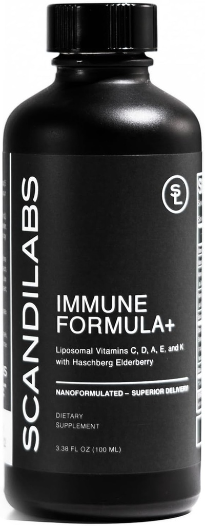 Formule immune+ Mélange de bien-être liposomique 7-en-1 avec des antioxydants puissants, des vitamines C, D, A, E, K1, K2 et Elderberry.