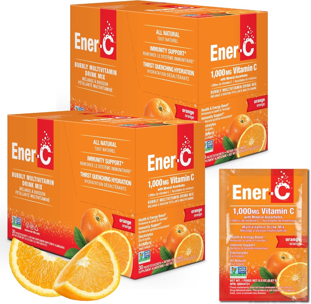 Ener-C - Vitamin C Immune Support, 1000mg Vitamin C Effervescent Multivitamin Drink Powder, Fruit Juice Vitamin C Drink Mix for Hydration with Electrolytes, Orange, 60 Packets (2-Pack)