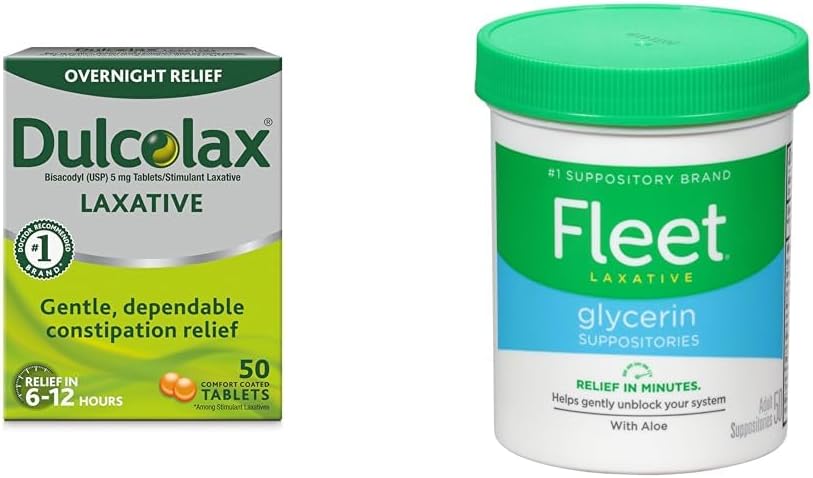 Dulcolax Overnight Relief Laxative for Gentle Constipation Relief, Bisacodyl 5 mg Tablets, 50 Count & Fleet Laxative Glycerin Suppositories for Adult Constipation, Adult Laxative Jar Aloe Vera, 50 Ct