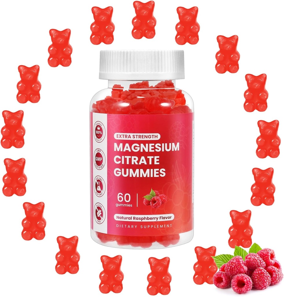 Magnésium Glycinate Gommies 400mg,Magnésium l-Thréonate 200mg Gummie, supplément du complexe de magnésium et de potassium pour soutenir la mémoire, le sang et le sommeil,(60 Gommies de magnésium, Arôme de framboise)