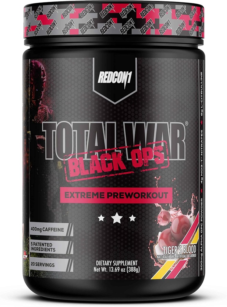 REDCON1 Total War Black Ops Extreme Preworkout Poudre, Tigres Sang, Stimulant élevé, 400 mg Caféine, NO3-T Nitrates + L-Citrulline, Augmenter le débit sanguin, Pompes musculaires (20 portions)