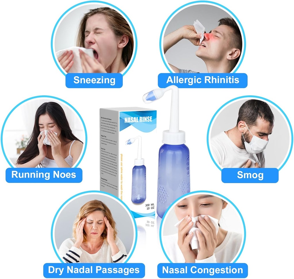 300 ML Nasal Rinse Neti Pot Sinus Rinse Bouteille de lavage nasal doux Nettoyeur de nez confortable pour adultes et enfants Irrigatio de pression efficace avec 20 nasal wash Salt Packets BPA Free