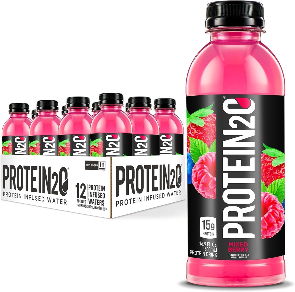Protéine2o 15g Protéine Isolée Infusion d'eau plus électrolytes, boisson sportive sans sucre, prête à boire, sans gluten, sans lactose, baie mixte, 16,9 fl oz bouteille (12 Compte)