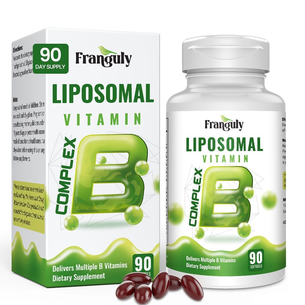 Complexe Liposomale B conçu pour les vitamines à haute absorption B avec la vitamine Choline Inositol B1, B2, B3, B5, B6, Biotine, Folate, Méthylé B12- Immune, Énergie, Crain Heart Support 90 Softgels