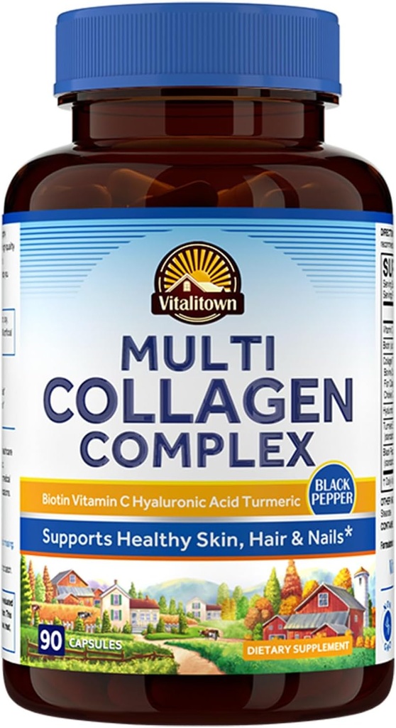 Vitalitown Multi Collagen Complex, Type I, II, III with Biotin, Vitamin C, Hyaluronic Acid, Turmeric, Black Pepper for Skin, Hair, Nails, 90 Capsules, Non-GMO
