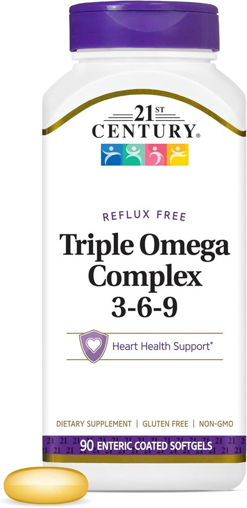 Vitamines du 21e siècle Enteric Coated Triple Omega Complex 3-6-9, sans reflux 90 Softgels, MTC22874X5