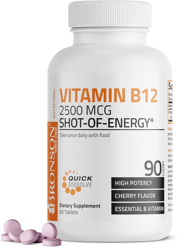 Vitamine B12 2500mcg Shot of Energy Dissolve Fast Chewable Comprimés - Release rapide Cherry Aromatisé Sublingual B12 Vitamine - Supporte le système nerveux, saine fonction cérébrale Production d'énergie – 90 Compte