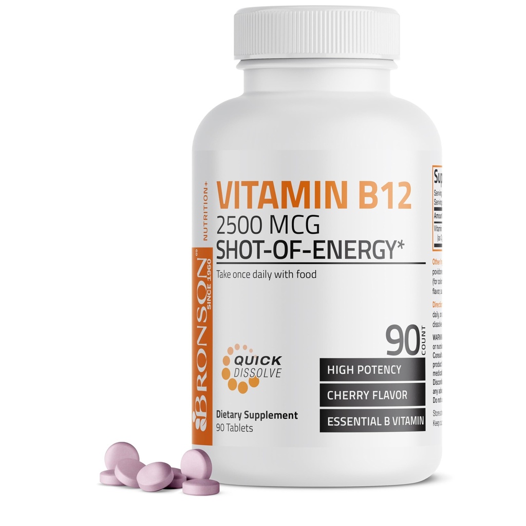 Vitamine B12 2500mcg Shot of Energy Dissolve Fast Chewable Comprimés - Release rapide Cherry Aromatisé Sublingual B12 Vitamine - Supporte le système nerveux, saine fonction cérébrale Production d'énergie – 90 Compte