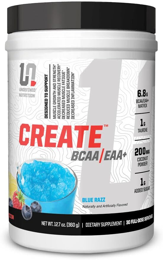 Undefined Nutrition Create BCAA/EAA+ by Brian Shaw -Muscle Recovery & Endurance, 6.8g BCAA/EAA Matrix -Full Spectrum BCAA + Essential Amino Acids Supplement – 30 Servings (127 oz, Blue Razz)