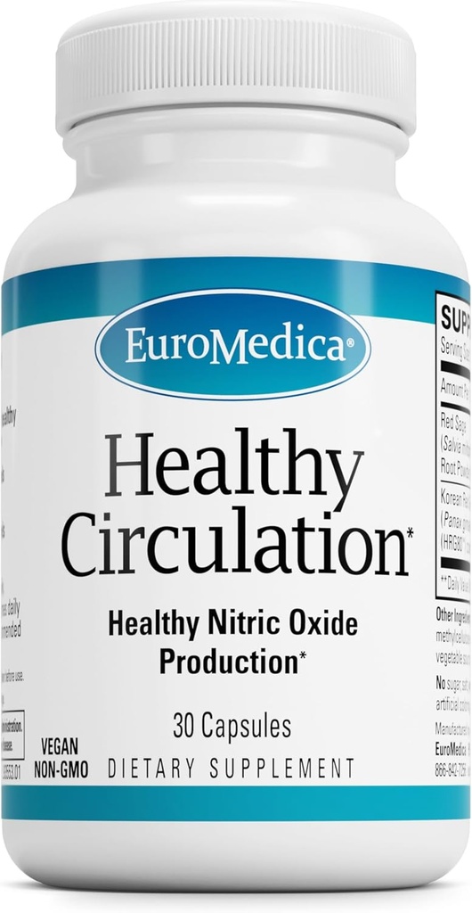 EuroMedica Healthy Circulation - Supplément diététique pour un soutien à la circulation saine - Aide à la circulation sanguine et à la fonction cardiaque en bonne santé - Capsules non OGM et véganes - 30 Capsules (30 portions)